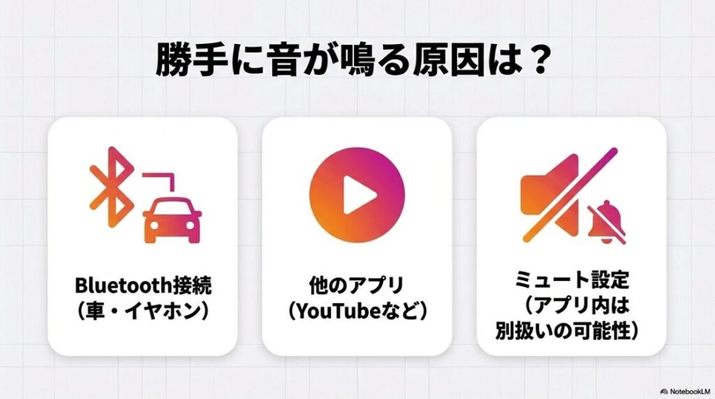 インスタのプロフィール音楽の消し方｜インスタで意図せず音が鳴る原因のアイコン一覧。Bluetooth接続、他のアプリの干渉、ミュート設定の確認ポイント。