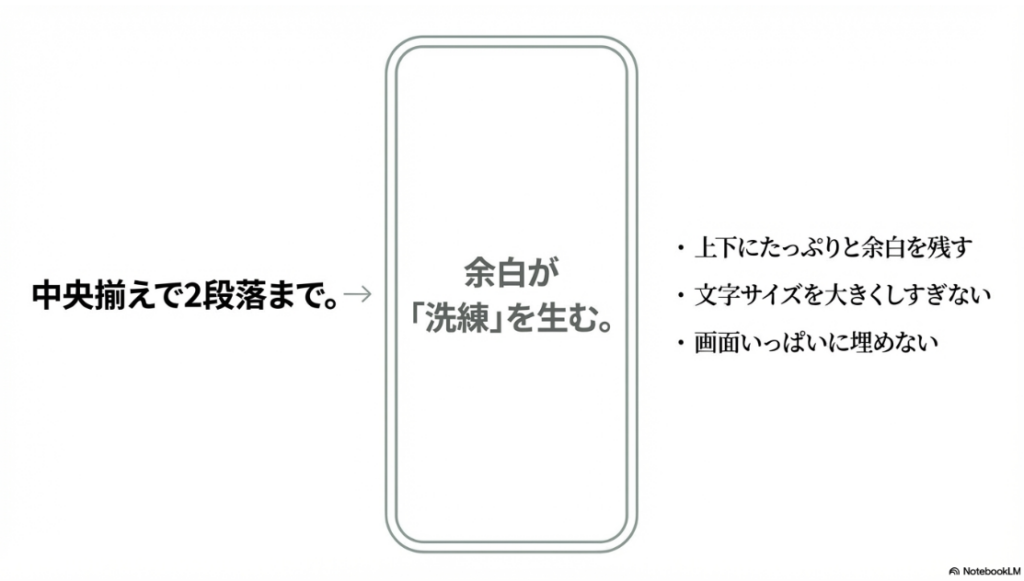 インスタで文字だけの投稿やストーリー:ストーリーの文字配置は中央揃えにして余白を作ることで洗練させるデザイン図解