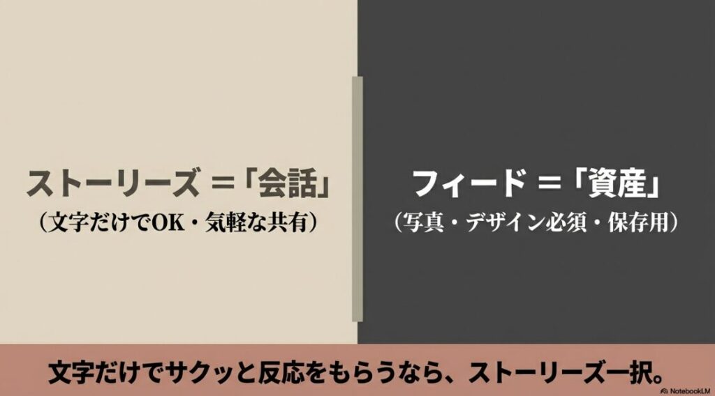 インスタで文字だけの投稿やストーリー:インスタストーリーは会話、フィード投稿は資産という役割の違いと使い分けの図解