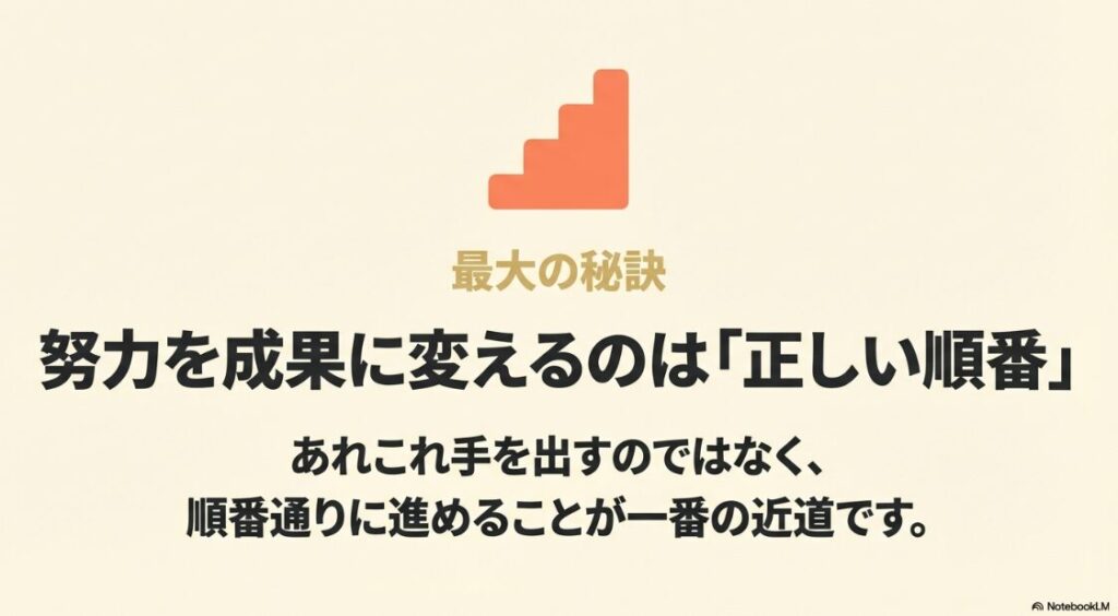 インスタで稼ぐ!収益化をアフィリエイトで:オレンジ色の階段が描かれたスライド。努力を成果に変える最大の秘訣は正しい順番であり 、あれこれ手を出すのではなく順番通りに進めることが一番の近道であることを示しています 。