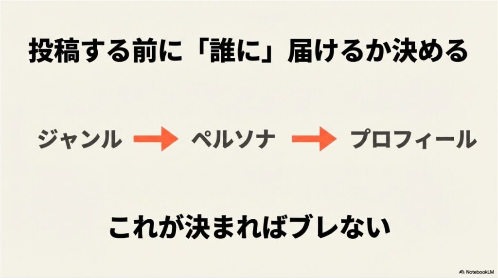 投稿する前に誰に届けるか決める。ジャンル、ペルソナ、プロフィールが決まれば発信がブレない。