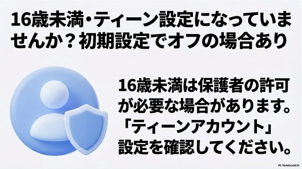 インスタライブの配信ができない？制限はなぜ：16歳未満やティーンアカウント設定では、初期設定でライブ配信がオフになっている可能性があることを警告する画像。
