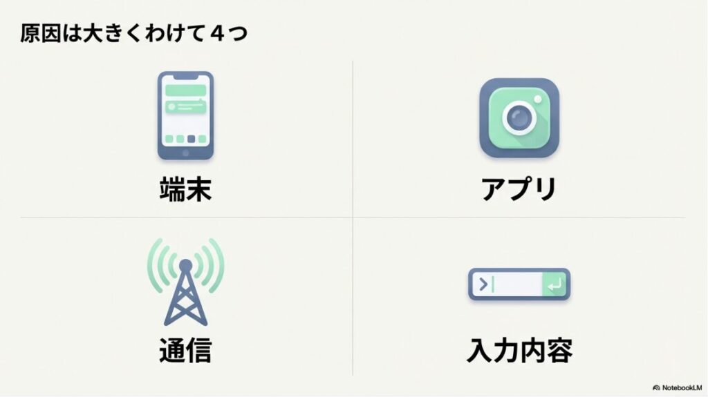 インスタのストーリーでテキストの入力ができない：端末、通信、アプリ、入力内容の4つのアイコン。インスタで不具合が起きる主な原因 。