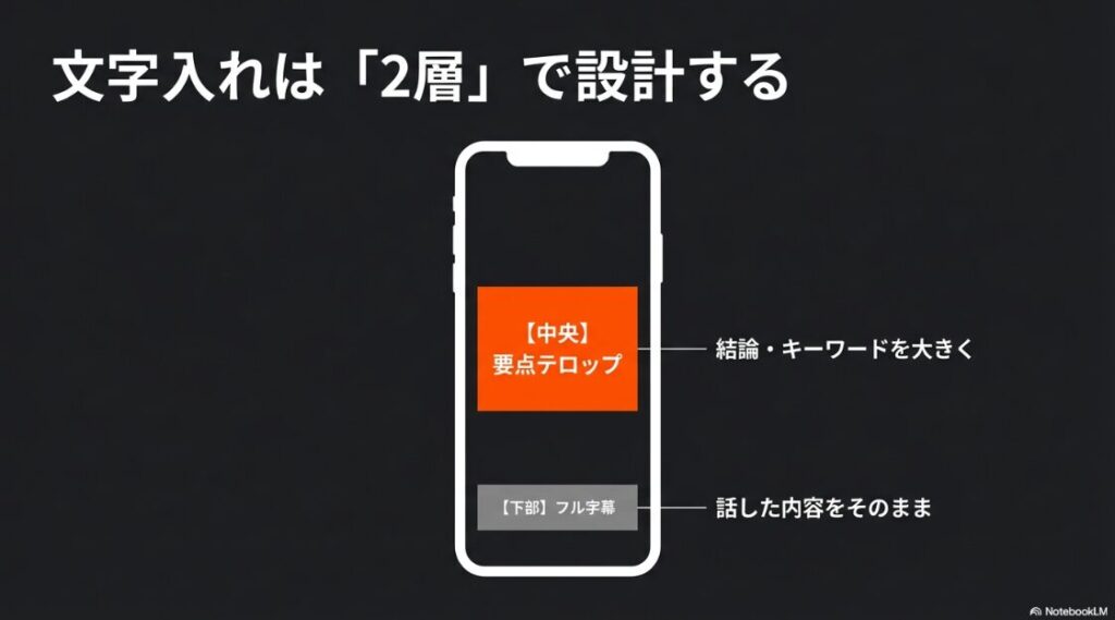インスタの動画編集アプリのおすすめ:動画の文字入れは2層で設計。中央に結論やキーワードなどの要点テロップ、下部に話した内容のフル字幕