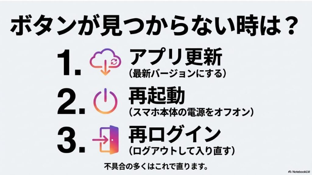 インスタのピン留めを解除の完全ガイド：インスタグラムで解除ボタンが見つからない時の対処法3ステップ。アプリの更新、スマホの再起動、再ログインの手順。