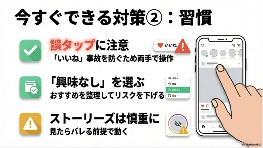 インスタの検索履歴はバレる？誤タップによるいいねを防ぐための両手操作や、おすすめ整理のための「興味なし」選択などの習慣