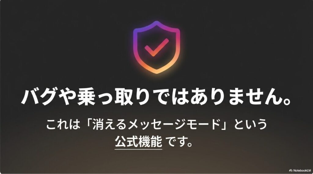 インスタでチャット内の誰かが消えるメッセージをオンにしましたとは:インスタグラムの画面が黒くなるのはバグや乗っ取りではなく、消えるメッセージモードという公式機能であることを解説するスライド