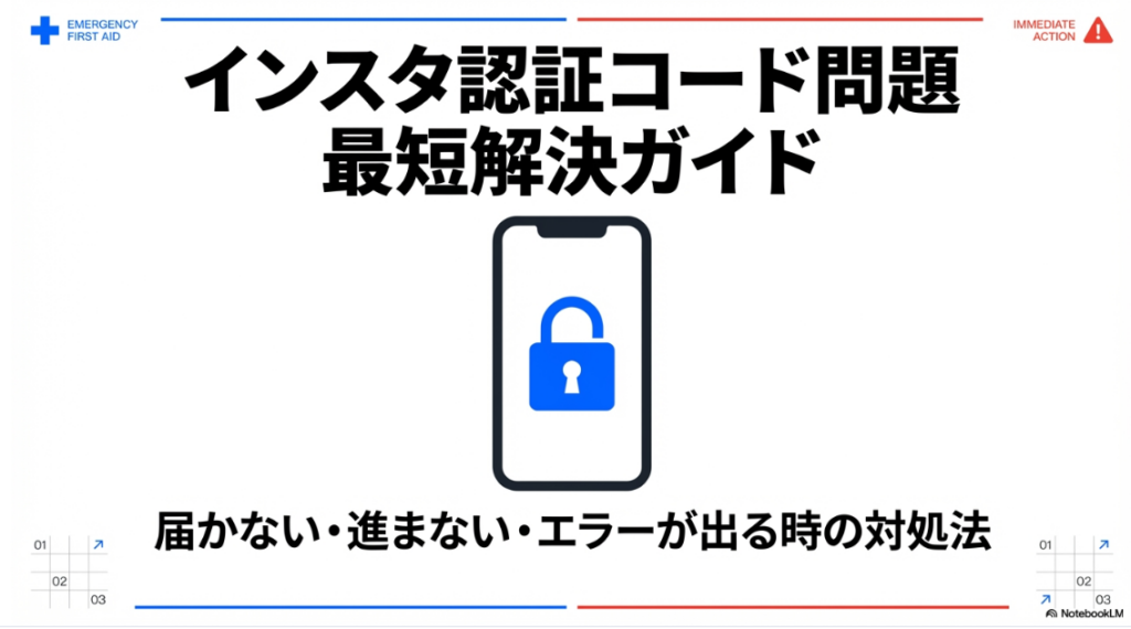 インスタの認証コードを6桁入れたのに進まない？スマートフォンに鍵アイコンが表示されたイラストと、インスタ認証コード問題の最短解決ガイドというタイトル