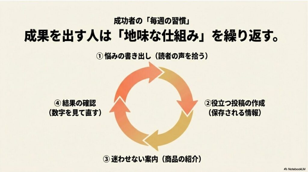 インスタで稼ぐ!収益化をアフィリエイトで:成果を出す人は地味な仕組みを繰り返すという、成功者の毎週の習慣を図解したスライド 。読者の声を拾う悩みの書き出しから始まり、役立つ投稿の作成、迷わせない案内、そして数字を見て直す結果の確認というサイクルを示しています 。
