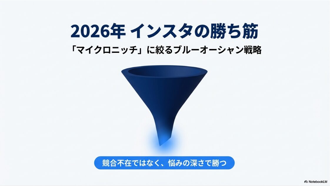 インスタでジャンルの狙い目とブルーオーシャンは?【2026最新】インスタグラム運用における勝ち筋として、マイクロニッチに絞るブルーオーシャン戦略を解説したスライド
