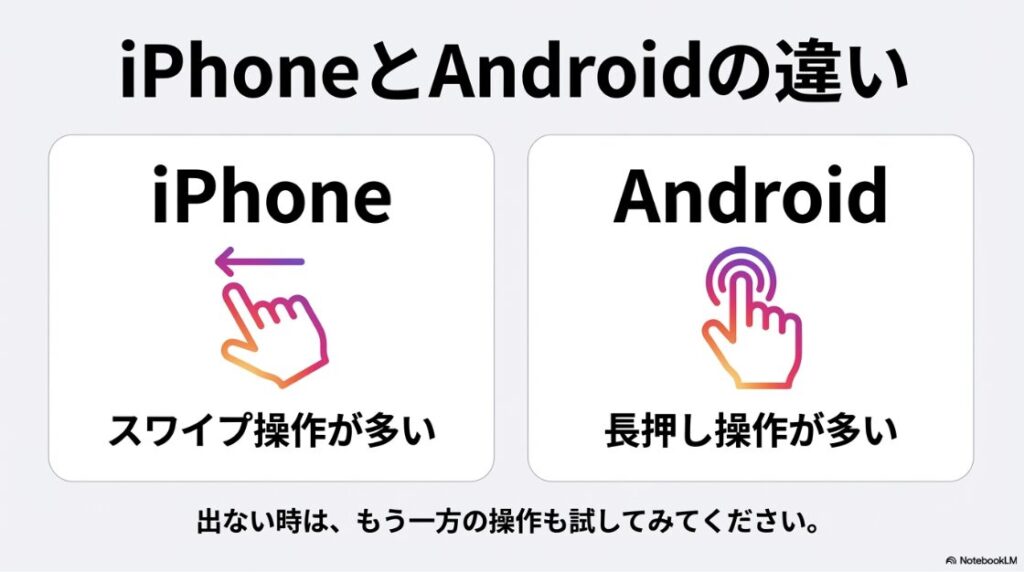 インスタのピン留めを解除の完全ガイド：iPhoneとAndroidでの操作傾向の違い。スワイプ操作と長押し操作のどちらも試すべきであることを指のアイコンで図解。