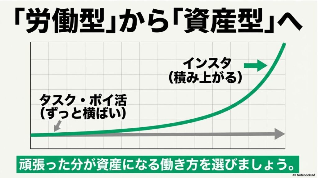 スマホ副業をやってみた結論｜スマホ副業における労働型（タスク・ポイ活）から資産型（インスタグラム）へシフトする重要性