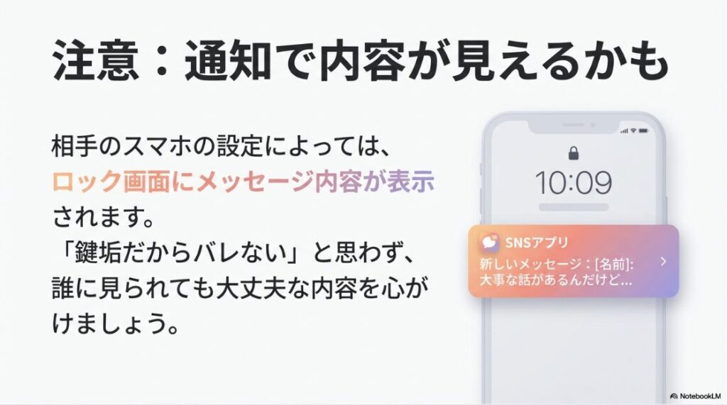 インスタの鍵垢からDMは届く？スマートフォンのロック画面設定によっては、DMの内容が通知で表示されてしまうリスクを警告する画像