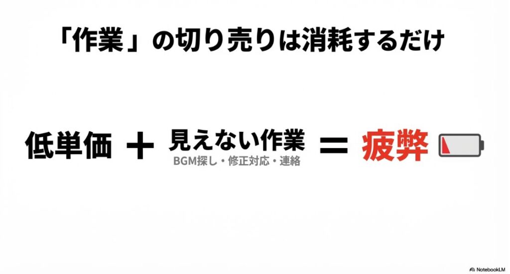 「作業」の切り売りは消耗するだけ。低単価と、BGM探しや修正対応などの「見えない作業」が合わさることで疲弊することを示したスライド。
