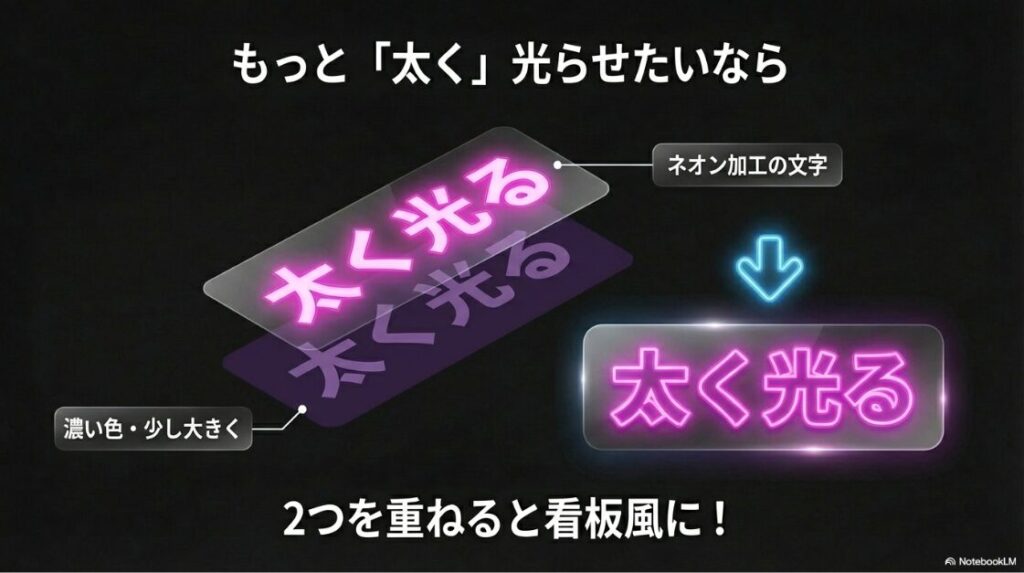 インスタでネオン文字ができない原因：濃い色で少し大きくした文字と、ネオン加工した文字の2つを重ねて看板風に太く見せる加工方法。