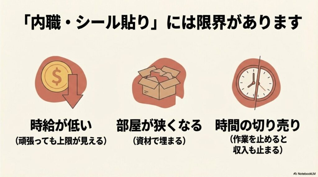 副業を主婦が在宅で始める：内職やシール貼りは時給が低く、部屋が資材で埋まるなど時間の切り売りになるという限界を示す図解