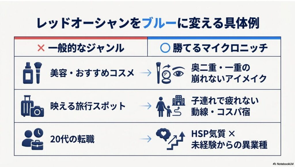 インスタでジャンルの狙い目とブルーオーシャンは?【2026最新】美容や旅行、転職といった一般的なジャンルに制約条件を足して、勝てるマイクロニッチジャンルに変換する具体例の表