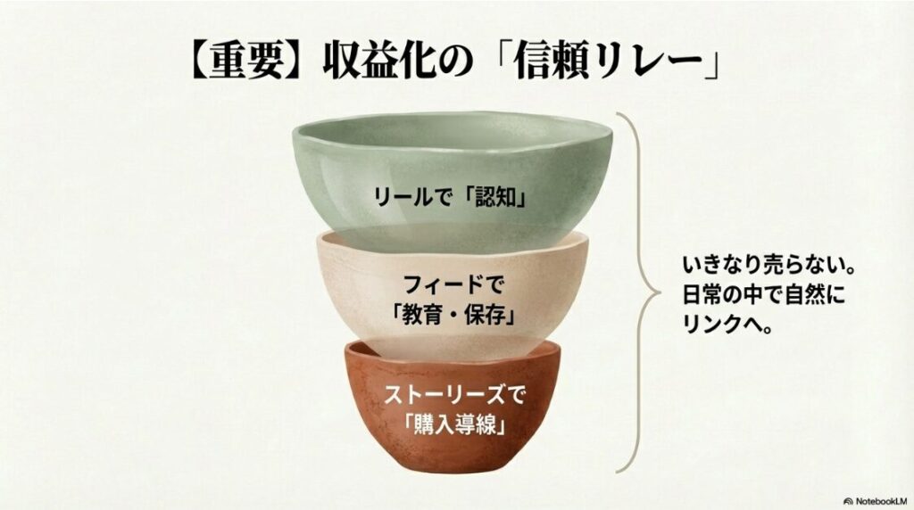 インスタの美容垢で月100万達成!稼ぐ戦略:収益化の「信頼リレー」の図解 。リールで「認知」 、フィードで「教育・保存」 、ストーリーズで「購入導線」を作ります 。いきなり売らず、日常の中で自然にリンクへ誘導します 。