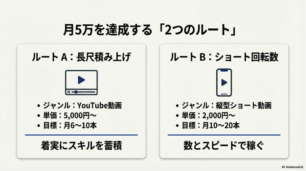 動画編集の副業で初心者：動画編集で月5万円稼ぐためのYouTube長尺とショート動画の2つのルート比較