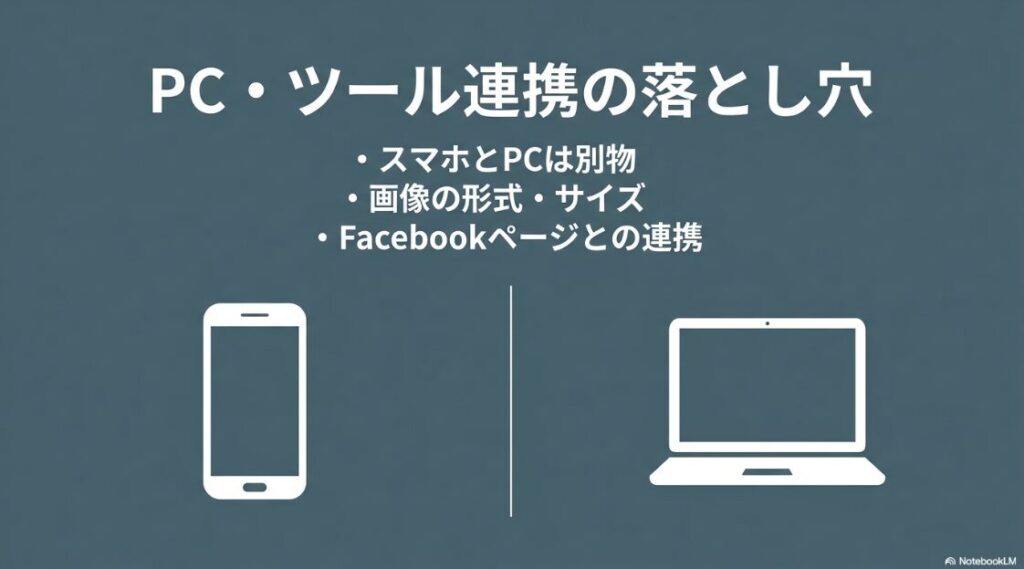 インスタの予約投稿ができない？プロアカウントなのに？スマホとPCの違い、画像形式やサイズの問題、Facebookページ連携など、ツール連携時の落とし穴を示す画像