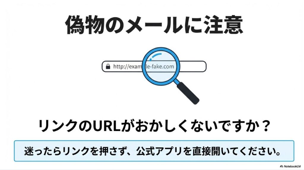 インスタの認証コードが届かない？メールの端末別対策ガイド：偽物メールのリンクURLを確認しフィッシング詐欺を防ぐイメージ