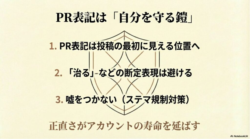 インスタの美容垢で月100万達成!稼ぐ戦略:PR表記は「自分を守る鎧」であることを示す注意書き 。PR表記は投稿の最初に見える位置へ配置し 、「治る」などの断定表現は避けます 。嘘をつかないことがステマ規制対策になり 、正直さがアカウントの寿命を延ばします 。