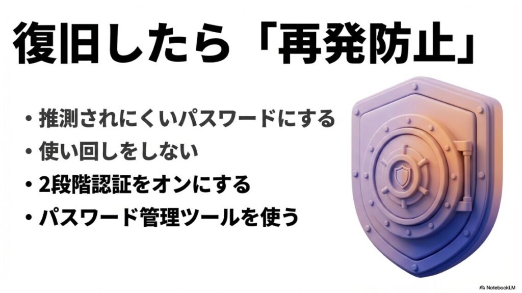 インスタのパスワードをリセットできない？アカウント復旧後に、推測されにくいパスワードの設定や2段階認証のオン、管理ツールの利用を促す再発防止策