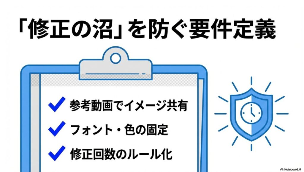 動画編集の副業は稼げないを脱却！チェックリスト形式のスライド。「参考動画でイメージ共有」「フォント・色の固定」「修正回数のルール化」の3点が記載されています。
