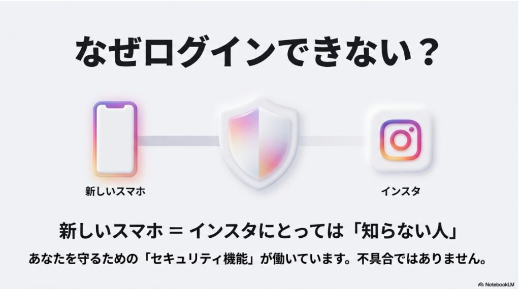 インスタを機種変更でログインできない：機種変更後の新しいスマホはインスタグラムから「知らない人」と判定され、セキュリティ機能が働く仕組みの解説。