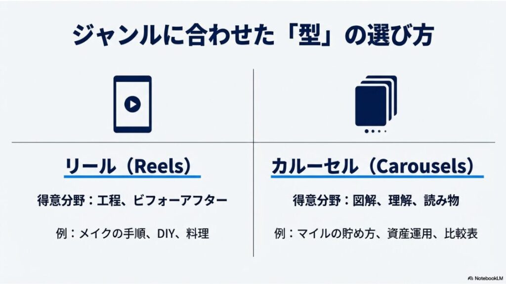 インスタでジャンルの狙い目とブルーオーシャンは?【2026最新】リール動画とカルーセル投稿それぞれの得意分野と、ジャンルに合わせたコンテンツ型の選び方の解説