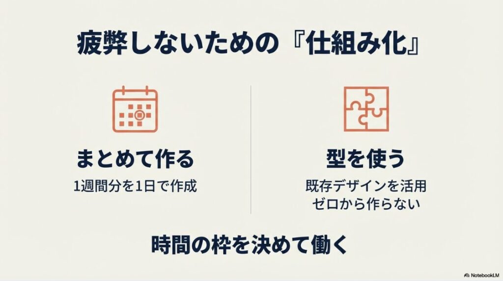 在宅副業で疲弊しないための仕組み化。1週間分を1日でまとめて作る、既存デザインの型(テンプレート)を使う、時間の枠を決めて働くことが重要
