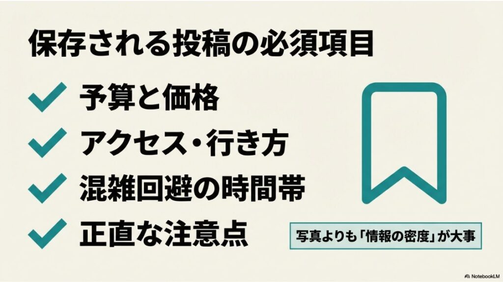 インスタで旅行を発信して稼ぐ！予算と価格、アクセスと行き方、混雑回避の時間帯、正直な注意点など、保存されるインスタ投稿に必要な情報の密度を示すリスト。