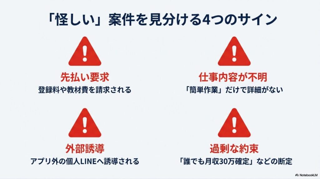 副業がスマホでできる！副業詐欺の警告サイン：先払い要求、外部誘導、仕事内容不明、過剰な利益約束