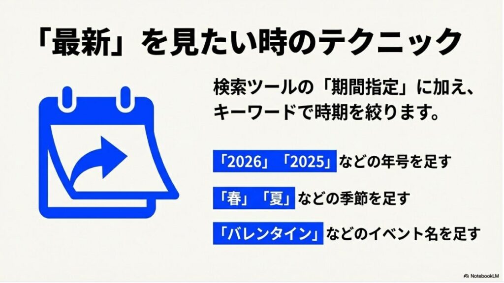 インスタのハッシュタグ検索で複数ができない理由：検索ツールで期間指定をするだけでなく、年号や季節、イベント名をキーワードに追加して最新投稿を探す方法