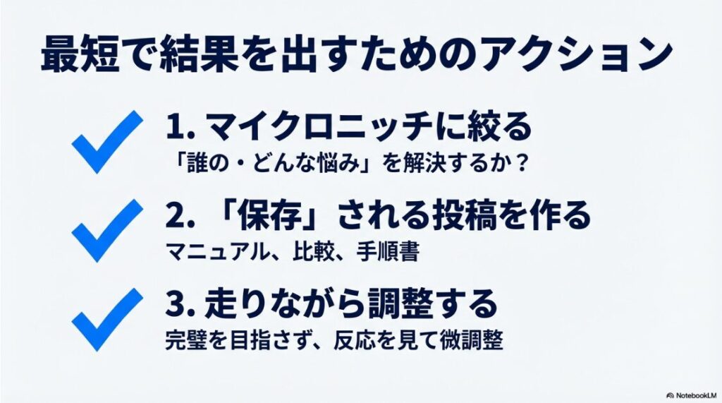 インスタでジャンルの狙い目とブルーオーシャンは?【2026最新】マイクロニッチへの絞り込み、保存される投稿の作成、走りながらの微調整という、最短で結果を出すための3つの具体的なアクション