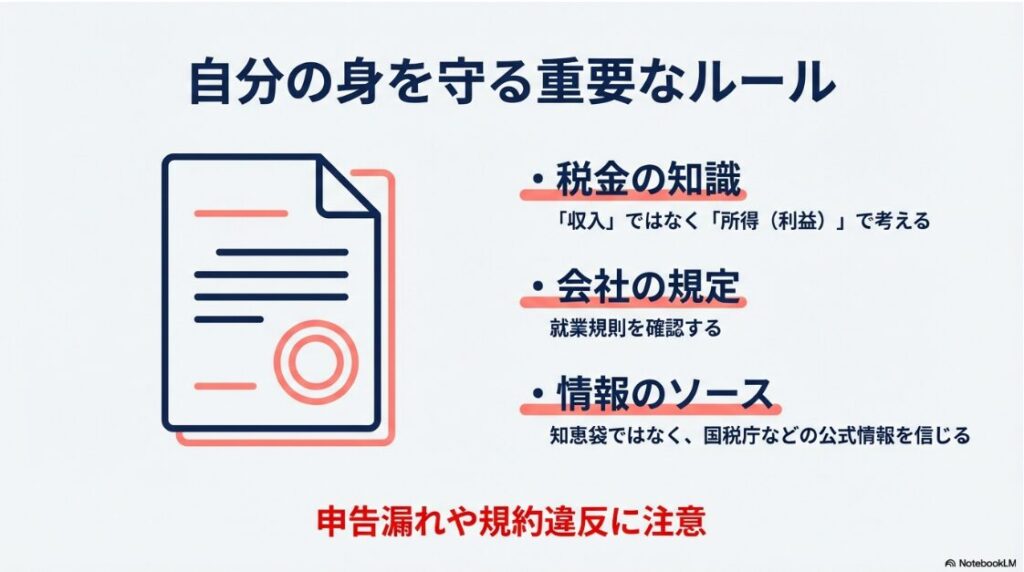 税金の知識、会社の就業規則、情報のソース確認など副業のリスク管理ルール