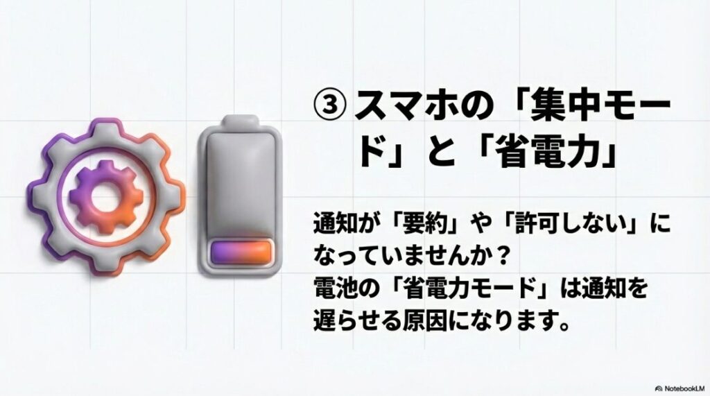 インスタの通知がこない？特定の人だけ：スマートフォン本体の集中モードによる通知の要約や、省電力モードによる通知遅延の影響を解説する図