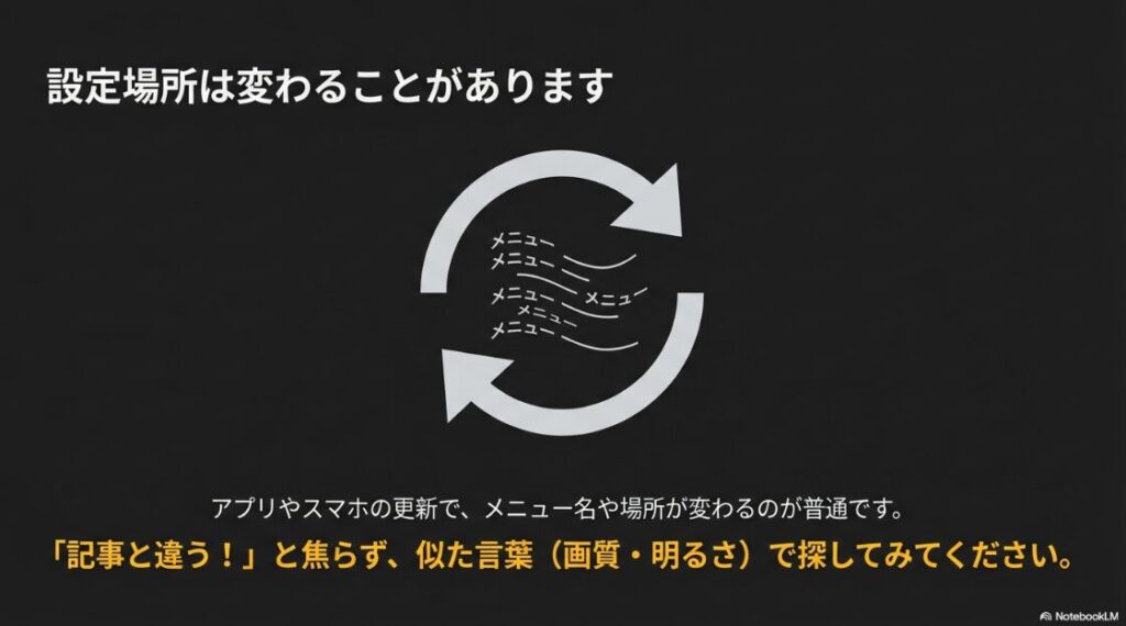 インスタで勝手に画面が明るくなる？Android：矢印が循環するアイコン。アプリやスマホのアップデートにより、メニュー名や設定場所が変わる場合があるため、似た言葉で検索することを促す注意書き。
