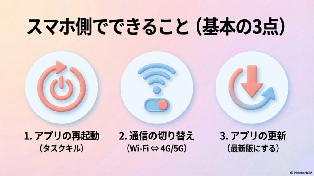 プロフィールのみでシェアが出てこない時の解決策：アプリの再起動、通信の切り替え、アプリの更新という、スマホ側でできる基本の3点をまとめたスライド