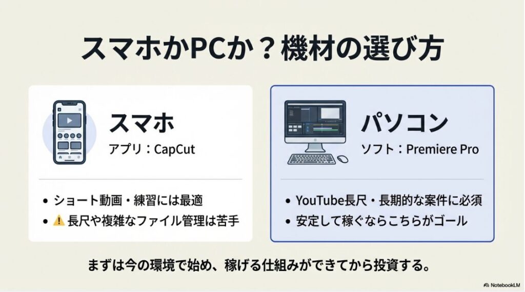 動画編集の副業で初心者：動画編集副業におけるスマホ（CapCut）とパソコン（Premiere Pro）のメリット・デメリット比較