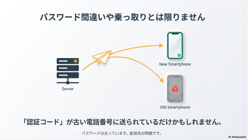 インスタで電話番号を変更後にログインできない：サーバーからの認証コードが新しいスマホではなく古いスマホに送られている配送先の問題であることを示す図解