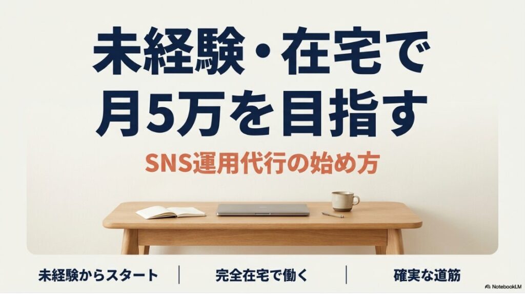 SNS運用代行の副業を未経験から：未経験から在宅ワークで月5万円の収入を目指すSNS運用代行の始め方と手順を解説したスライド資料の表紙