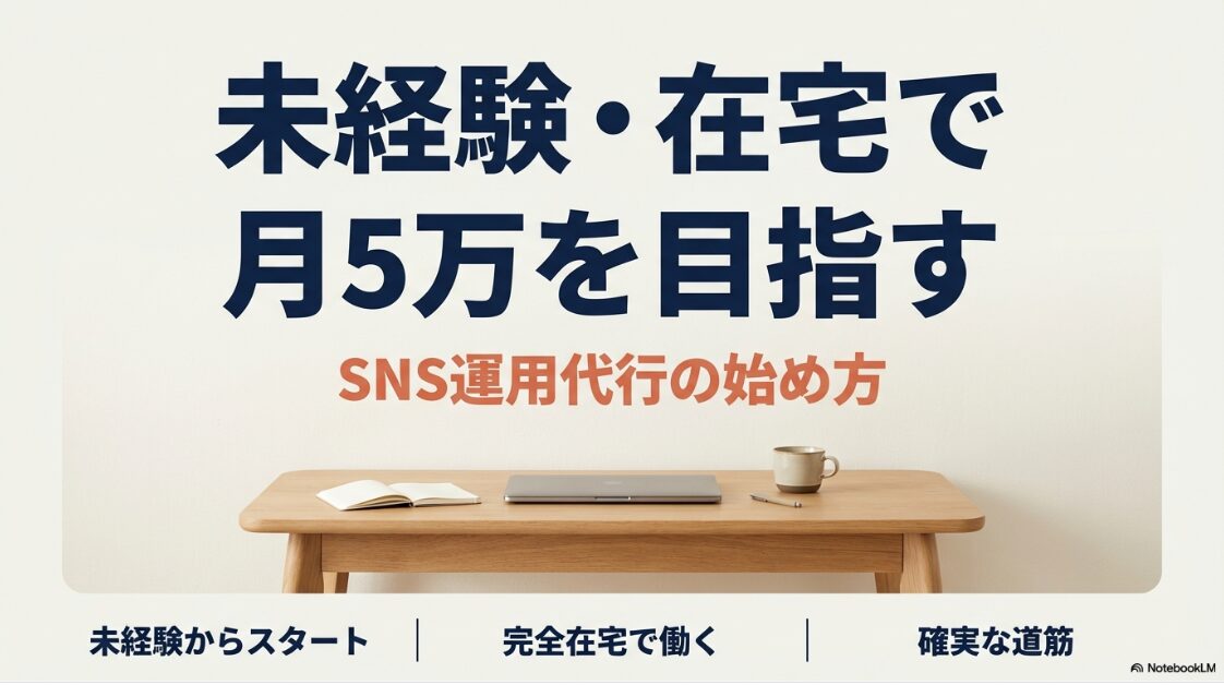 SNS運用代行の副業を未経験から:未経験から在宅ワークで月5万円の収入を目指すSNS運用代行の始め方と手順を解説したスライド資料の表紙