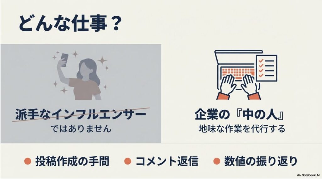 SNS運用代行の副業を未経験から:SNS運用代行は派手なインフルエンサーではなく、企業の裏方として投稿作成やコメント返信などの地味な作業を代行する仕事