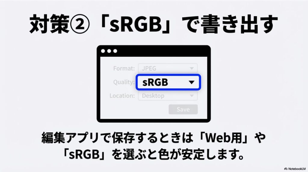 インスタの投稿写真が暗くなるのはなぜ？画像編集ソフトでsRGB形式とJPEGを選択して保存する設定画面