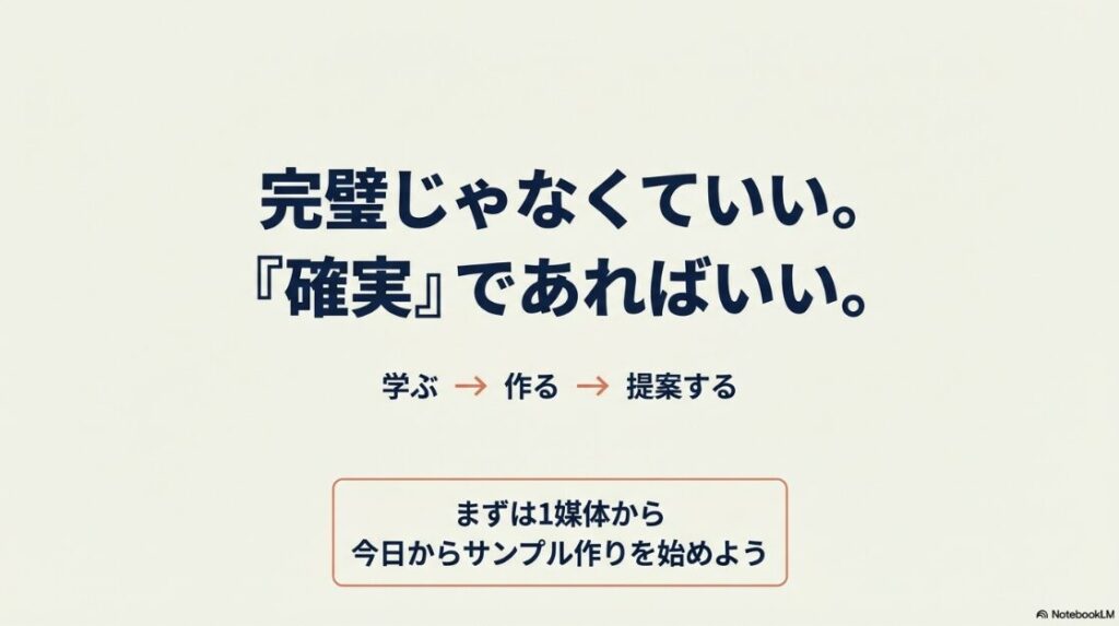 SNS運用代行の副業を未経験から:完璧を目指さず「確実」であればいい。まずは1つの媒体に絞り、今日からサンプル作りを始めようというアクションプラン