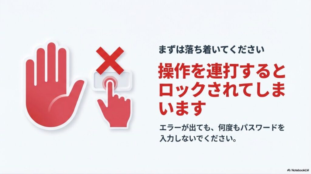 インスタで電話番号を変更後にログインできない：エラーが出てもパスワードを何度も入力したり操作を連打したりするとロックされるため、落ち着いて対処するよう促すスライド