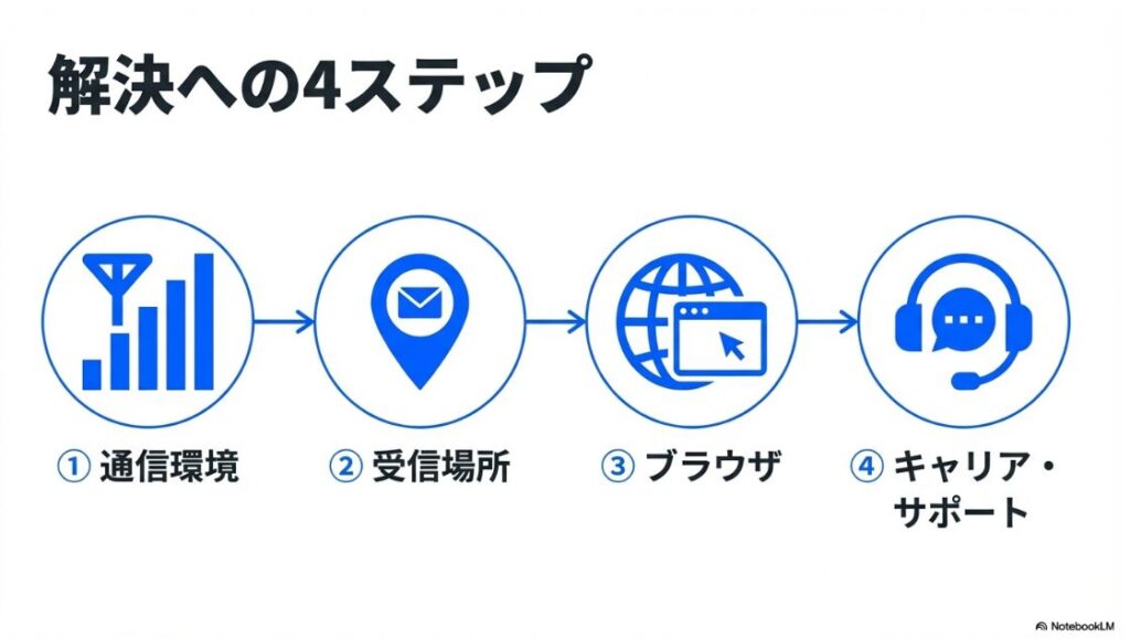 インスタの認証コードを6桁入れたのに進まない？通信環境、受信場所、ブラウザ、キャリア・サポートの順に確認する解決への4ステップの図解
