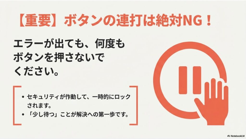 インスタのパスワードを変更時にエラー：セキュリティが作動して一時的にロックされるため、エラーが出てもボタンを連打しないよう注意を促すイラスト