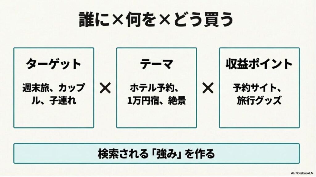 インスタで旅行を発信して稼ぐ！週末旅などのターゲット、ホテル予約などのテーマ、予約サイトなどの収益ポイントを掛け合わせて、検索される強みを作る図解。